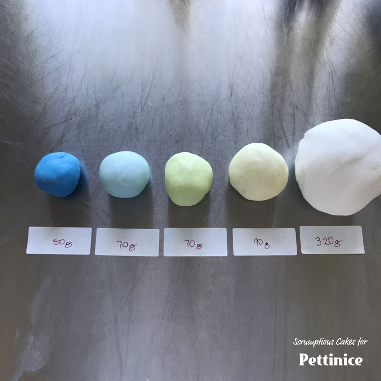 This amount will happily cover an 8" cake without too much extra, or a 6" cake  with left overs to cover a cakeboard and matching cupcake toppers.