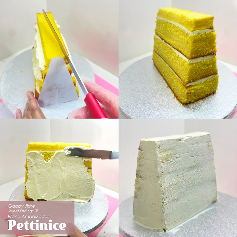 Using the template provided, Carve the cake as shown, then crumb coat for a smooth finish.